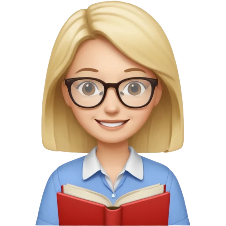 female English teacher with glasses and wearing a shirt, holding an English book emoji
