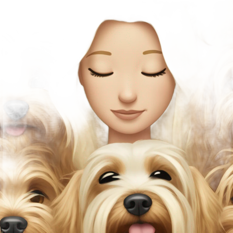 White girl blonde hair closed eyes hugging Yorkshire terrier  emoji