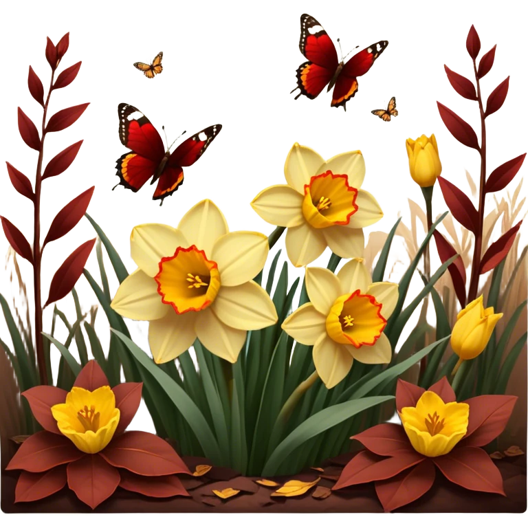 Golden daffodils bloom among deep brown-red leaves, while delicate brown butterflies flutter nearby. Warm sunlight casts a vintage glow over the scene. emoji