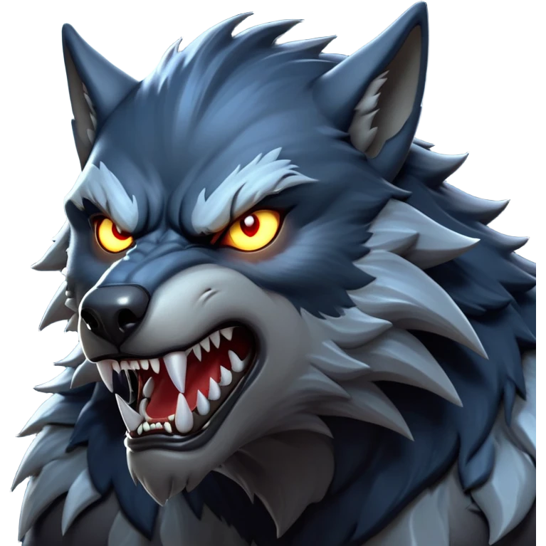cinematic-noble-fierce-werewolf-head-close-up-emoji, poised-and-imposing, with a fierce wolfish face featuring glowing eyes full of primal ferocity, sharp, elongated fangs and a rugged snout, fur rippling in shades of midnight black and silver, muscles tensed and hunched over in an intense, threatening stance; rendered with realism, capturing the raw, untamed power of the beast beneath the moonlit sky emoji