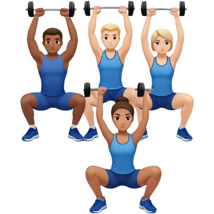 Group at gym, trainers in blue shirts, others in varied gymwear, lifting weights and stretching – strong and focused vibe emoji