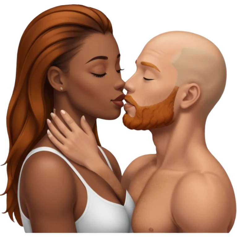 intimate moment between lovers, JetSetFly , photo Realistic Couple, black women with long brown balayage hair kissing bald white muscular man with ginger Beard  emoji