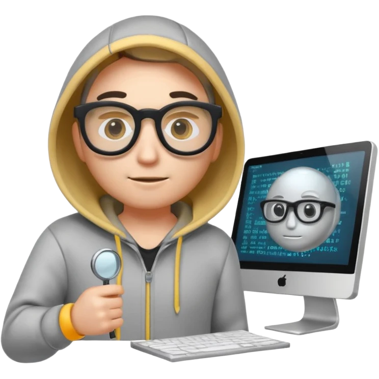 A stylized 3D emoji icon of a web developer character, wearing a hoodie and glasses. They are holding a glowing magnifying glass up to a computer screen filled with lines of HTML code and a search bar. emoji