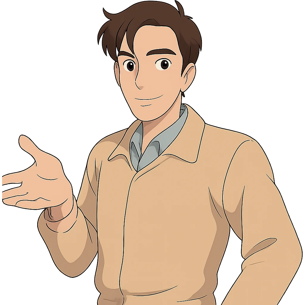 Make the man just a little bit skinnier, but keep his original handsome face, hairstyle, and friendly expression in Ghibli style. Remove the background. emoji