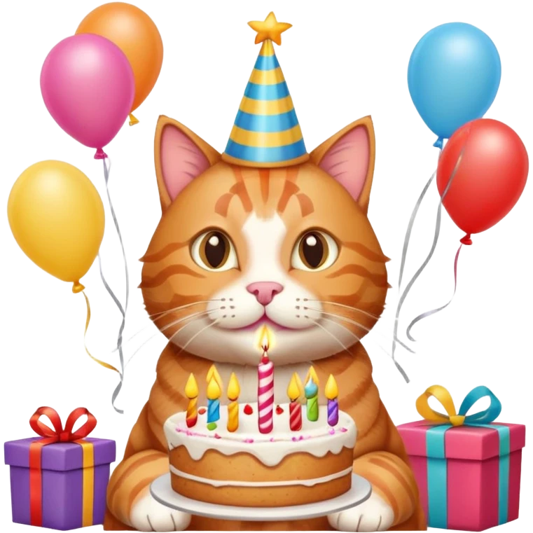 Ginger tabby cat celebrating birthday, birthday hat, birthday cake, balloons, happy, gifts emoji