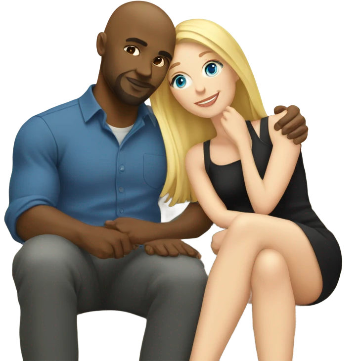 Blonde woman with blue eyes and long straight hair and black man who is bald with a goatee seated together on a sofa enjoying a passionate embrace.   emoji