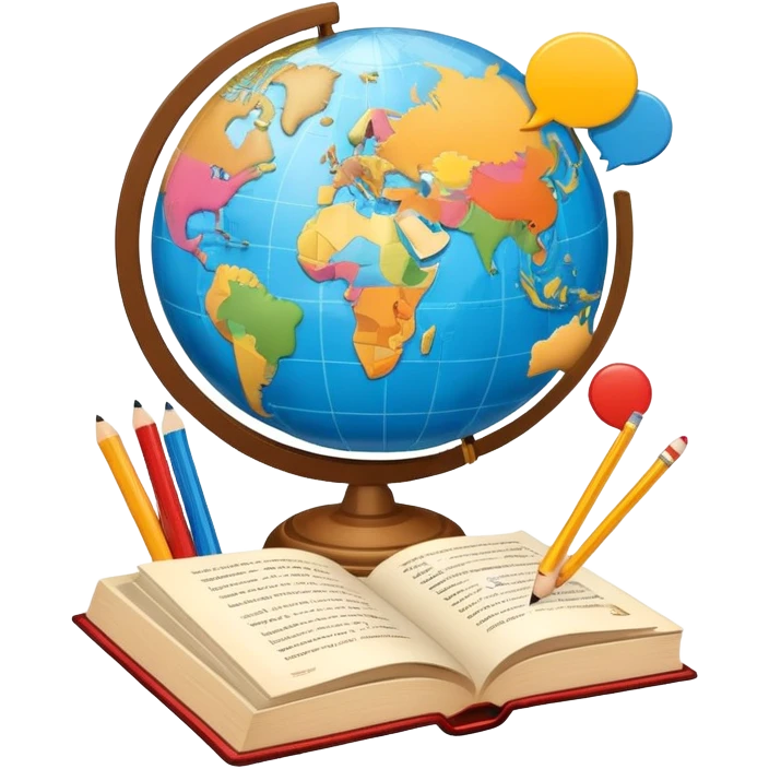 An icon featuring a globe with speech bubbles in different languages, symbolizing the study of foreign languages. The design includes a book and a pencil, representing learning and communication across cultures. Transparent background highlights the global nature of language education. emoji