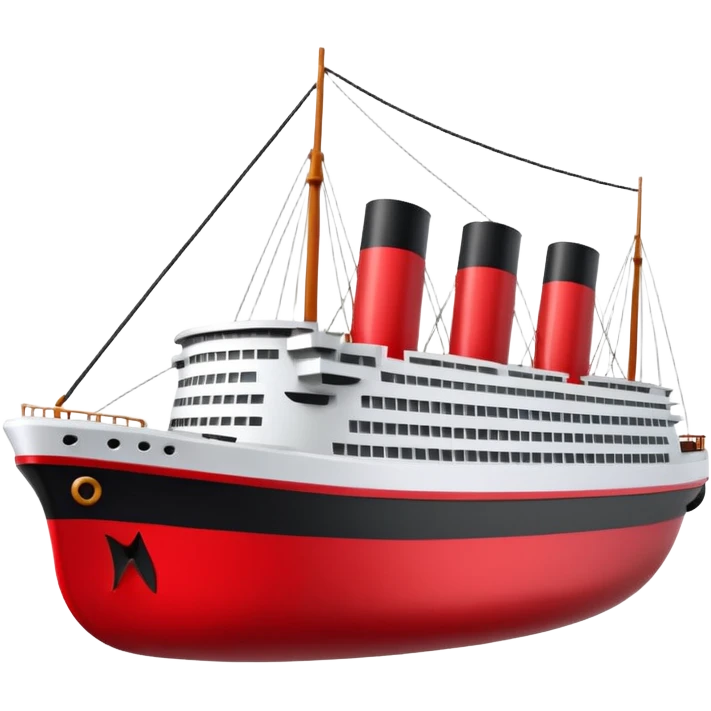 A 3D stylized Titanic ship in Apple emoji style, smooth and glossy surface, clean white and black colors with red accents, large expressive windows but no face, sailing on calm ocean with soft lighting, Pixar-quality render, minimal and elegant design, isolated on studio background.

 emoji