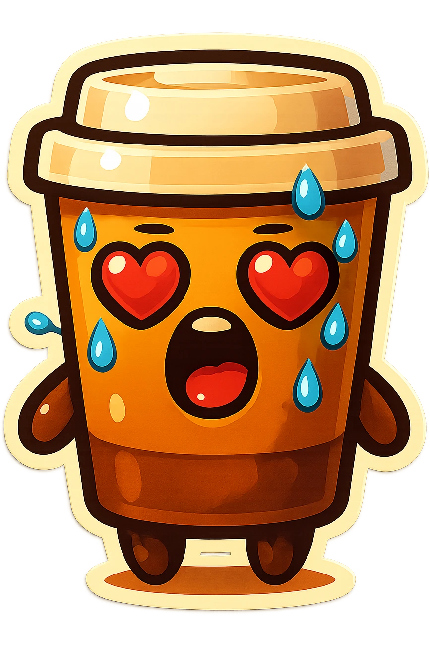 Tall coffee cup, sweating, mouth open, heart eyes emoji