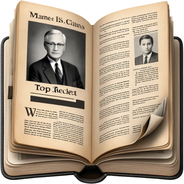 Icon for Non-Fiction & Narrative Reading: an open book with black-and-white photos on the pages, surrounded by a pile of newspaper clippings, and an open folder with top-secret documents. The icon should reflect the blend of real stories and facts in non-fiction literature. Transparent background. emoji