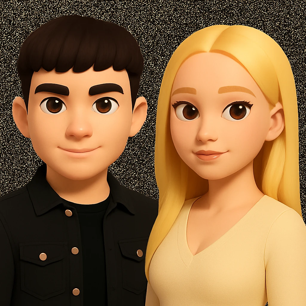 Slightly increase the volume of the upper body of the girl, separate the girl and the boy from each other, and make the skin color the same for both characters. Maintain the cartoonish 3D style in the image. emoji