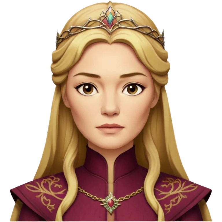 Cinematic Realistic Cersei Lannister Portrait, depicted with lifelike skin texture, subtle rosy undertones, and soft natural lighting that enhances the gentle contours of her face. Her intricately detailed golden blonde hair is elegantly styled , emoji