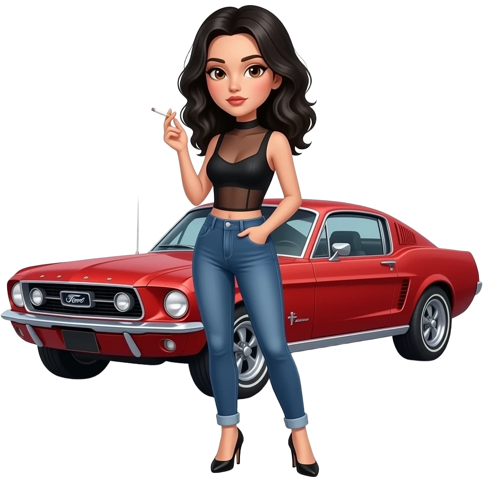 Pale girl with black wavy hair and brown eyes backed from behind in front of a red ford mustang 1968 coupe. Girl wearing a sheer black sleeveless top, low rounded neckline, jeans and heels with visible toes. smoking cigarette. emoji