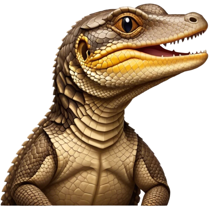 Cinematic Cute Yawning brown camo spotted monitor Lizard Portrait Emoji, Head tilted slightly with a dramatic, wide-open yawn, showcasing textured, patterned scales and sleepy, half-closed eyes exuding relaxed charm, Simplified yet irresistibly adorable features, highly detailed, glowing with a soft, cozy glow, high shine, relaxed yet expressive, stylized with a dash of whimsical wildness, soft glowing outline, capturing the essence of a drowsy yet affectionate reptile that appears ready to stretch out for a nap! emoji