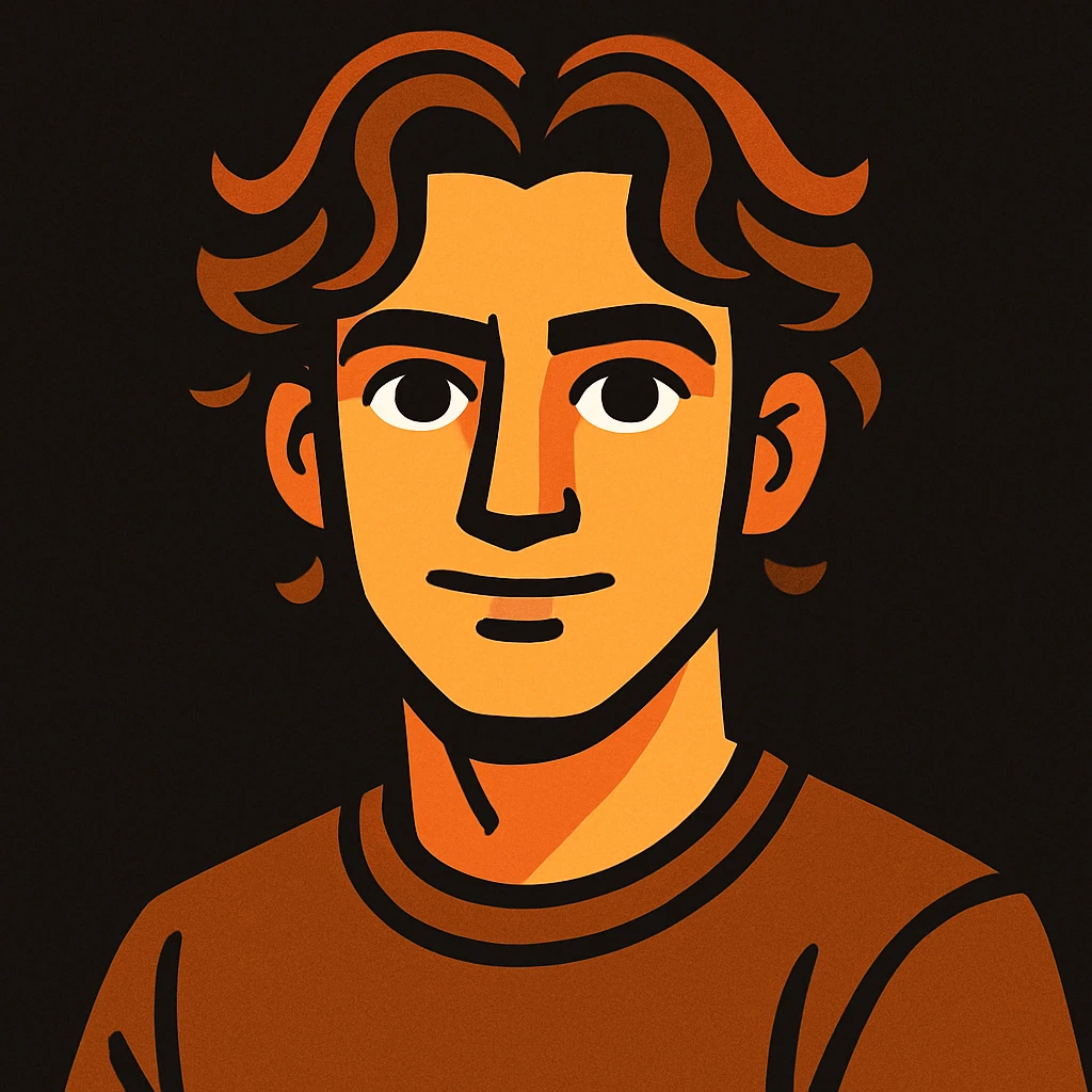 male character with wavy hair parted in the middle, brown eyes, firm straight jaw, slightly medium nose, wearing a brown t-shirt on a black background emoji
