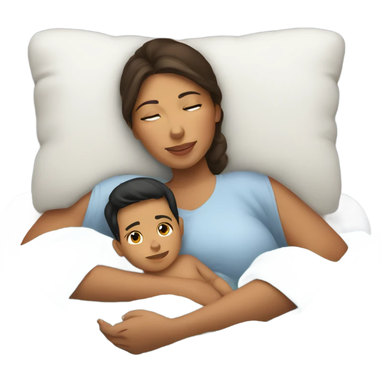 Hispanic mom and newborn baby boy laying in bed emoji