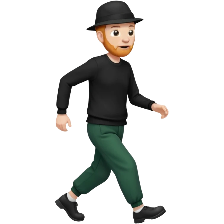 גבר זקן ג'ינג'י מלא כובע שחור הפוך חולמה שחורה ומכנסיים ירוקות ארוכות מבצע הליכה נמרצת במקום  emoji