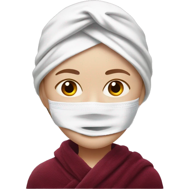 realistic white-skinned girl with a burgundy towel on her head and a white mask on her face emoji