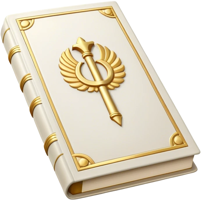 A white leather book with golden accents, smooth and polished, embossed with a symbol of six pillars columns,, radiating strength, confidence, and the power of self-worth.  emoji