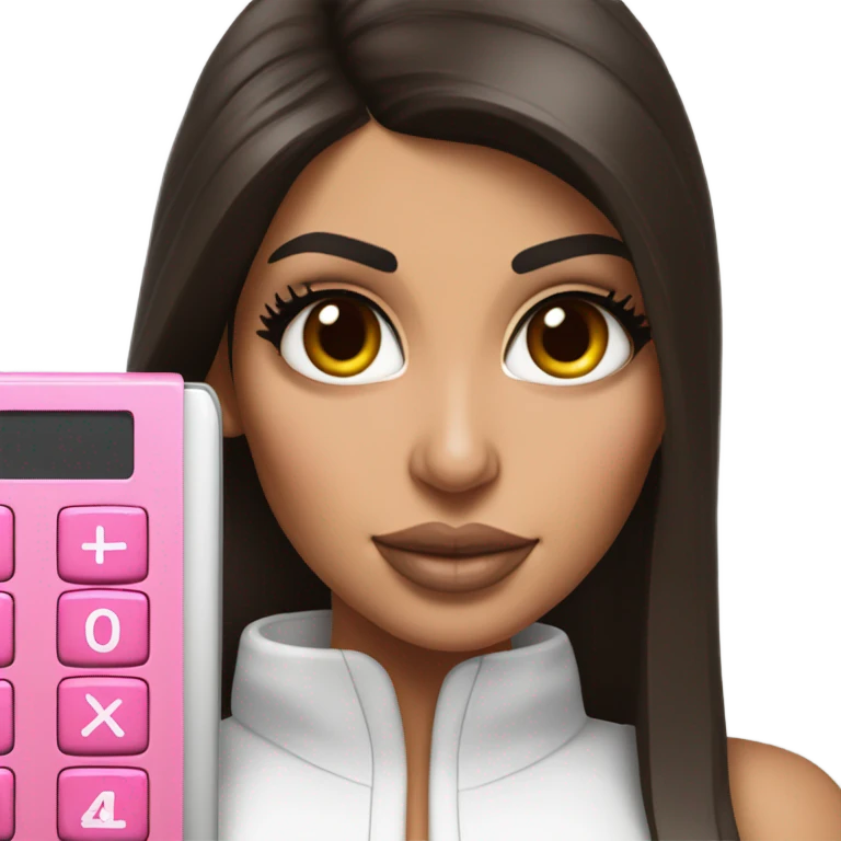 Hyper realistic kim kardashian with straight brown hair holding a pink calculator emoji