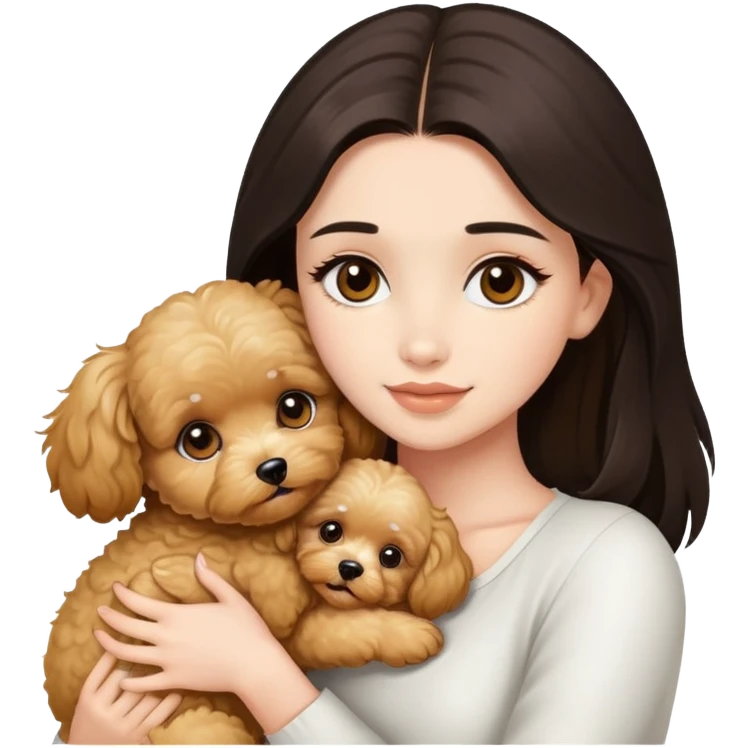 beautiful woman with dark long straight hair and brown eyes hugs a golden maltipoo emoji