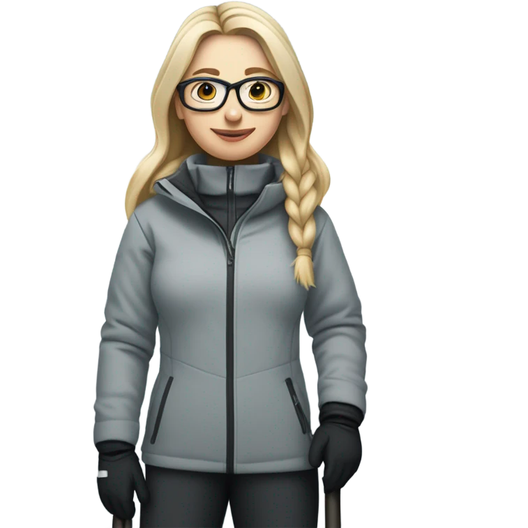 slightly chubby full female skier with long straight blonde hair, glasses, grey snow jacket, black pants and black skis. no poles. show full body front on without braids in hair. emoji