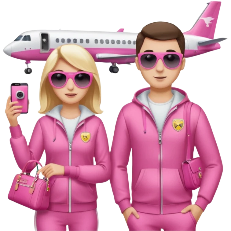 Девушка и мужчина стоят в аэропорту с чемоданами. На фоне самолет в и табло с рейсами. Девушка в спортивном костюме, мужчина тоже в спортивном костюме. Девушка держит дамскую сумку розовую. Мужчина держит фотоаппарат в руке и на нем солнцезащитные очки  emoji