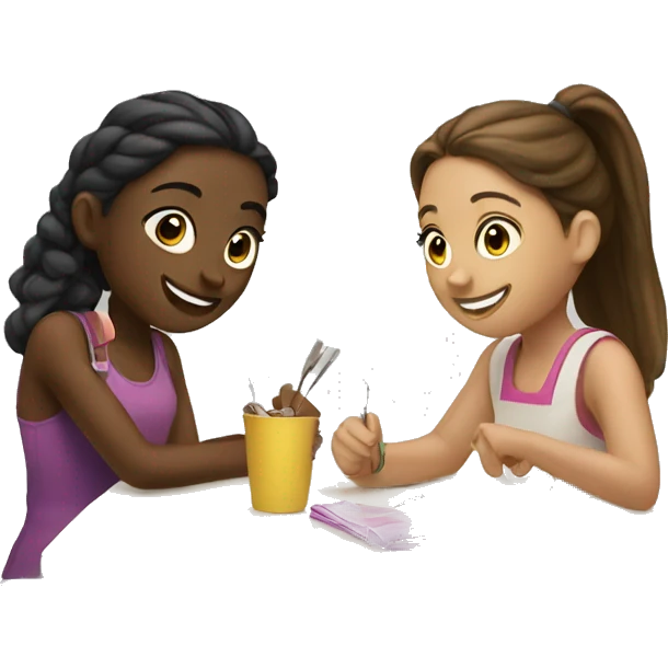 Two girls at a table chatting and crafting  emoji