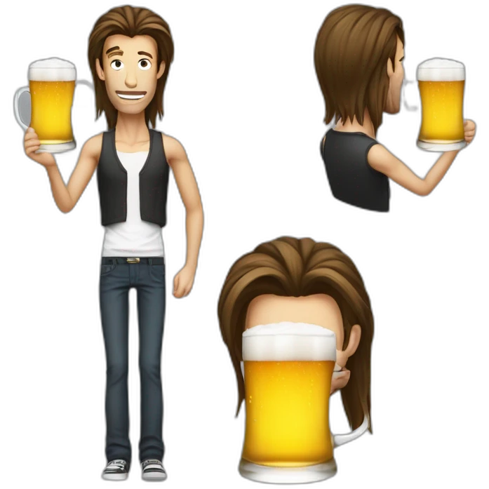 tall crazy very skinny guy with funny long hair tied in a ponytail with a glass of beer no face hair emoji