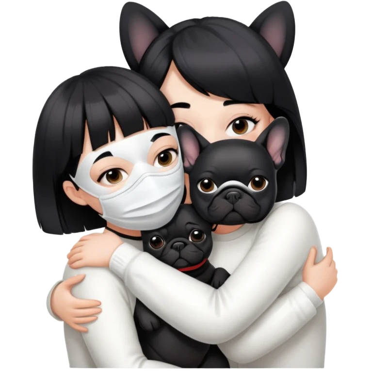 girl with short black straight bangs hair wearing a white mask and hugging one black French bulldoge  emoji