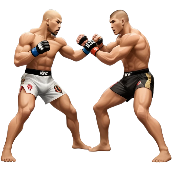 wo MMA fighters in the octagon, one delivering a strong punch while the other defends with a guard. The background shows the UFC octagon with the crowd in the distance. Transparent background emphasizes the dynamic intensity and skill of mixed martial arts. emoji