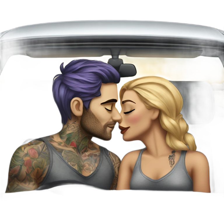 Hyper Realistic gorgeous woman and handsome tattooed man kissing in the front seat of a car emoji