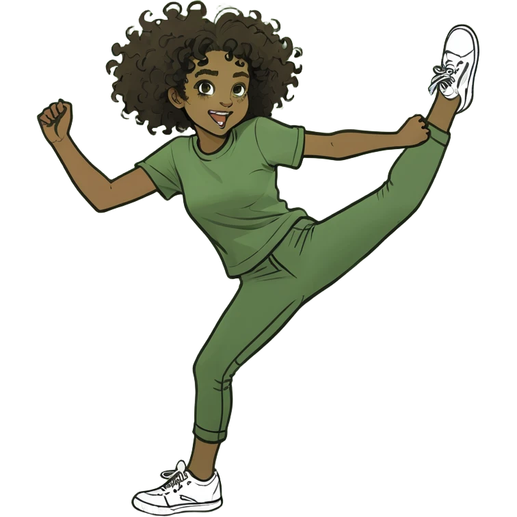 a smiling black girl with curly hair and brown eyes, kicking her feet emoji