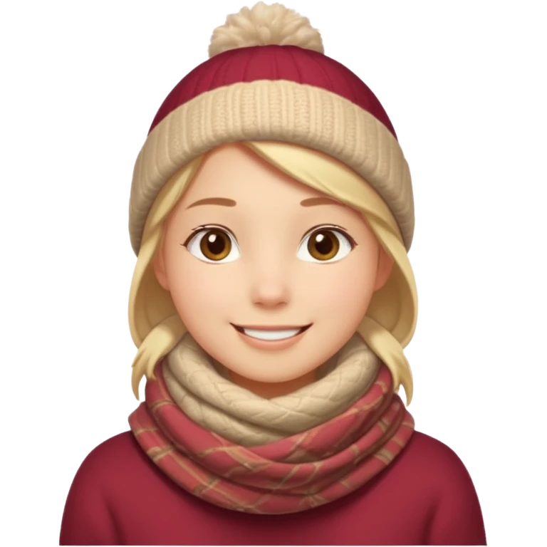 Fantasy human portrait emoji, warm winter scarf around neck, cozy holiday mood, slightly rosy cheeks, simple clean design, no hat, readable emoji style, male/female variant
 emoji