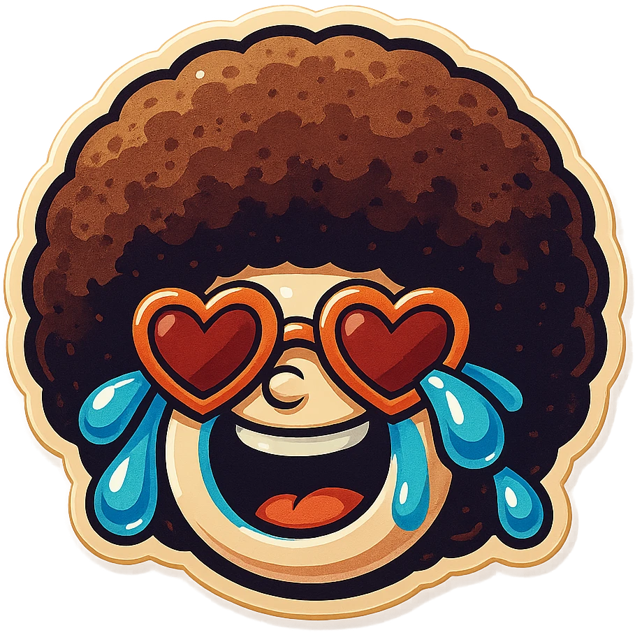 White circle face, afro, heart glasses, laughing with large tears emoji