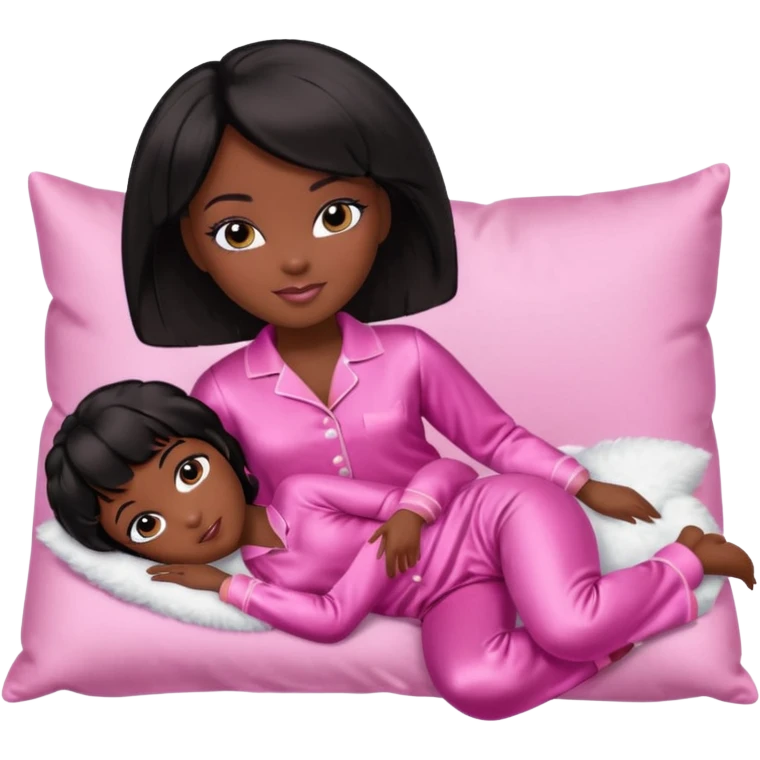 Dark skin Black barbie, short  black bob  hair, pink pajamas laying on pillow  emoji