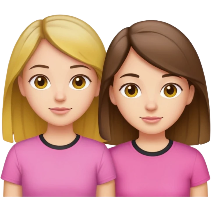 Two best friends one light brunette and the other brunette’s with highlights. Both are white. The first one is wearing a yellow shirt and the other a pink  emoji