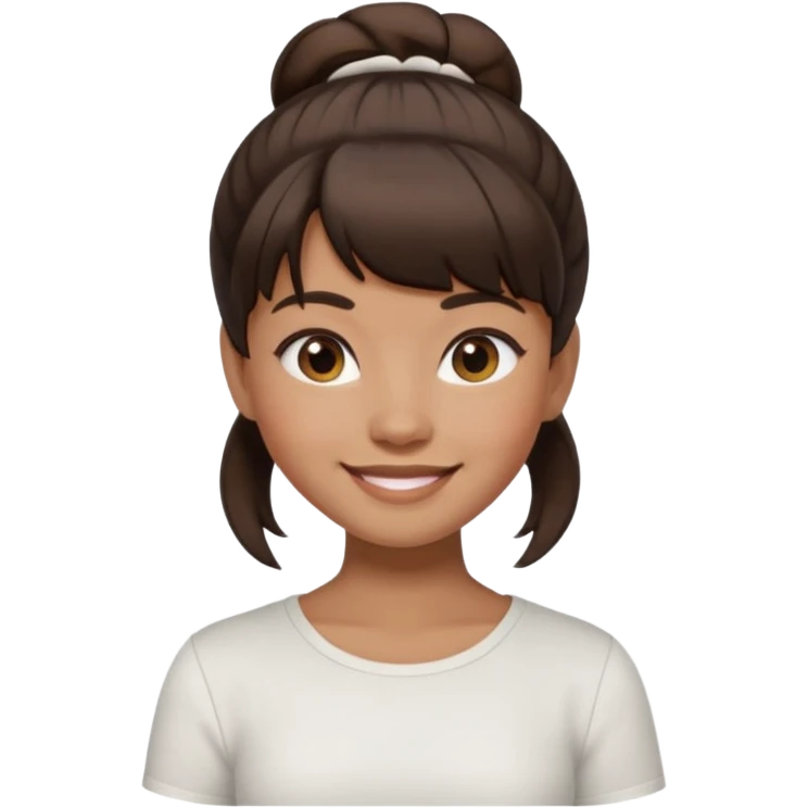 In Apple Memoji format, a girl with dark brown hair. She has bangs and her hair is in a singular high bun. The girl is arab and has light brown skin. She is wearing a white shirt emoji