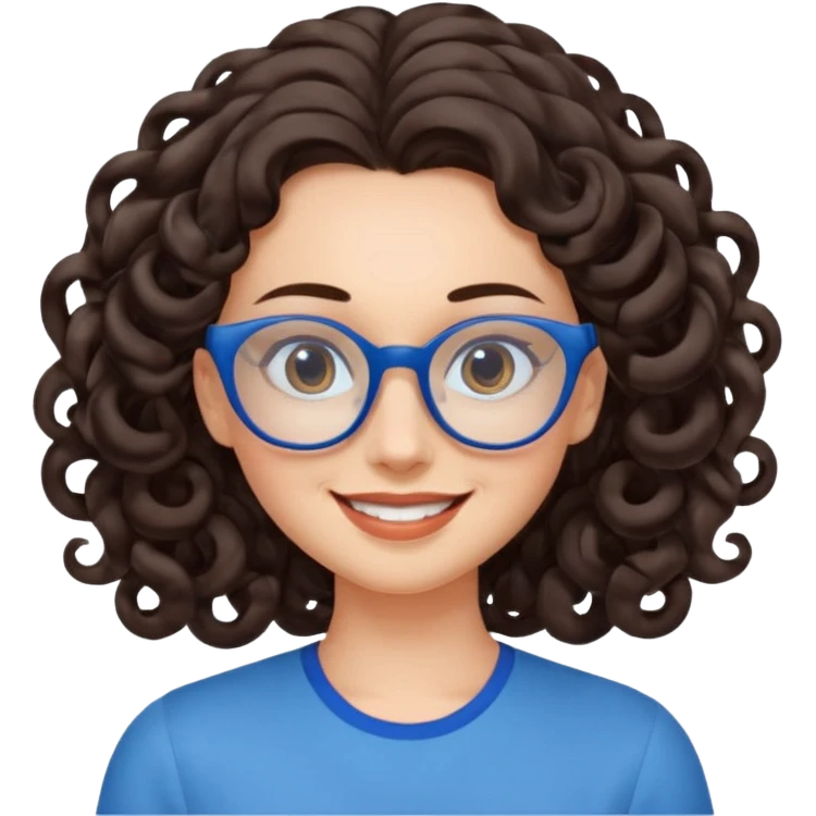woman with large forehead, long dark brown spiral curled hair, blue glasses, smiling with head tilted emoji