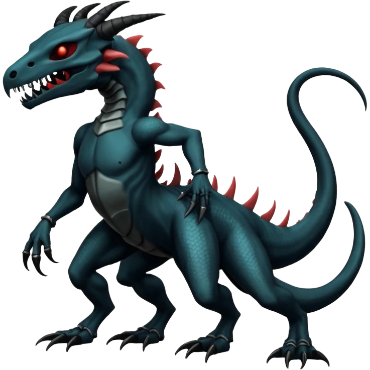 Shiny Dark Edgy  Salandit-Inteleon-Amaura-Fakémon-hybrid-creature (full body) with a horned animal-skull-mask emoji
