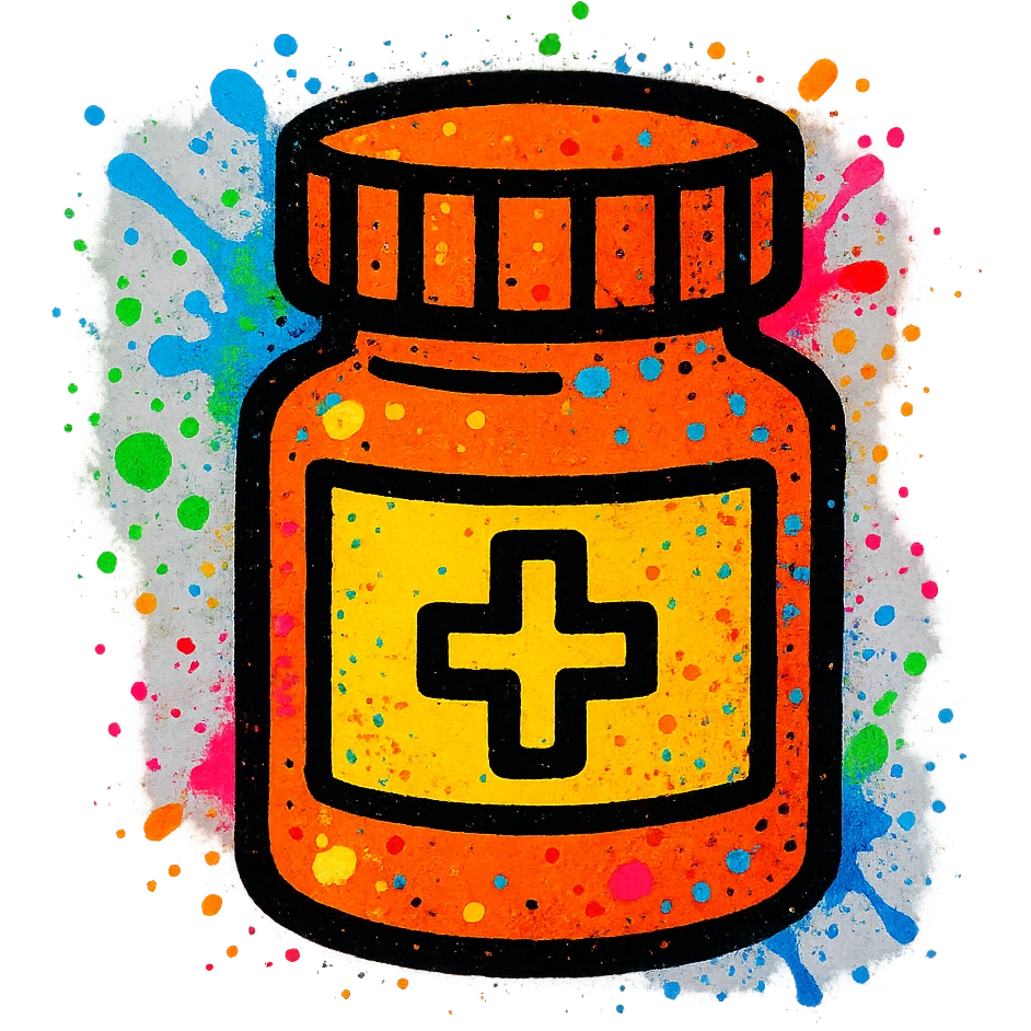 graffiti style emoji of a medicine bottle with colorful spray paint and bold outlines emoji