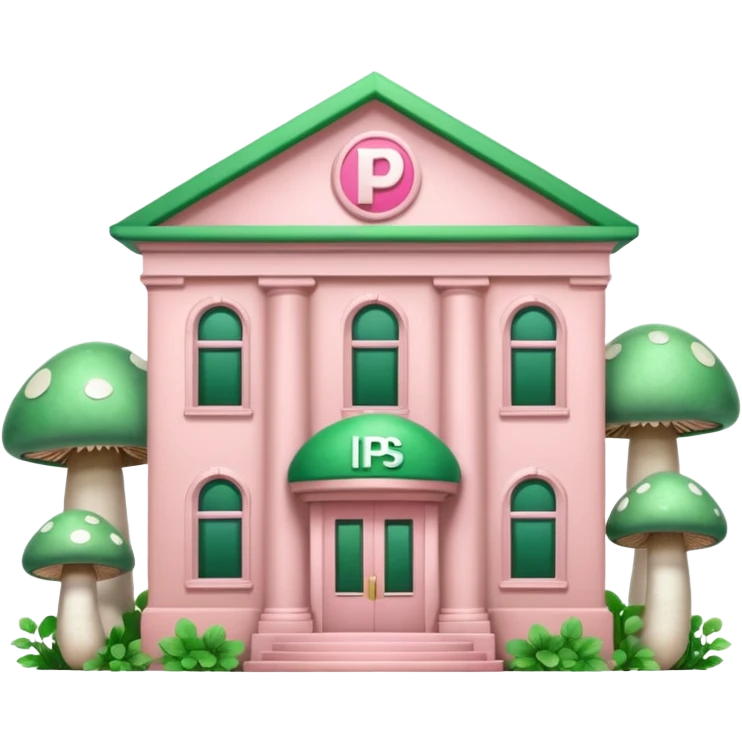 Pale Pink and green cute bank building, mushrooms growing around it , clean aesthetic, two PP letters on it emoji