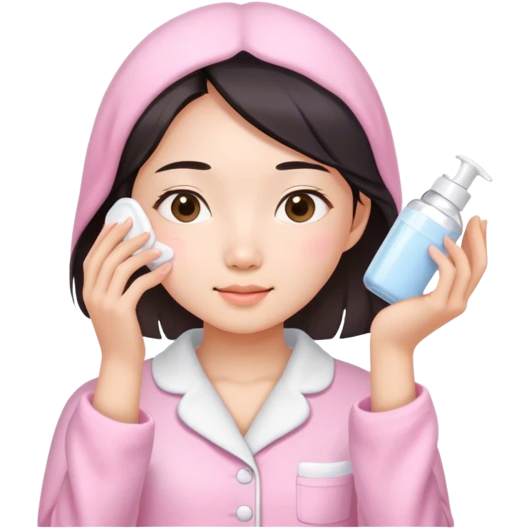angelic asian girl doing skin care in pink pajamas emoji