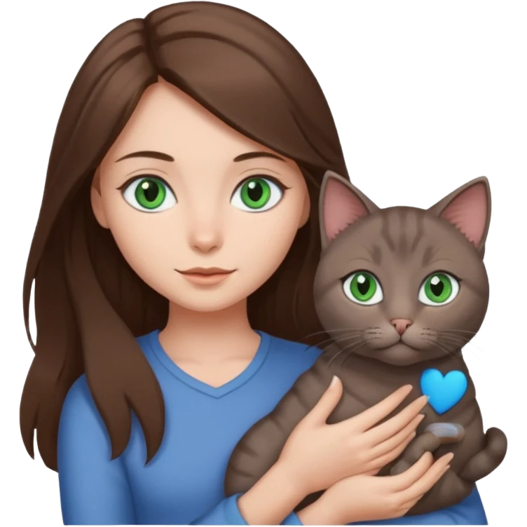 a girl with loose brown hair and blue eyes, holding a gray cat with green eyes emoji