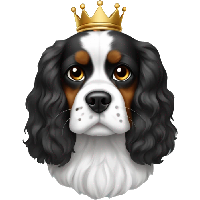 Black and white King Charles caviller with small brown spots above its eyes sitting down in  emoji