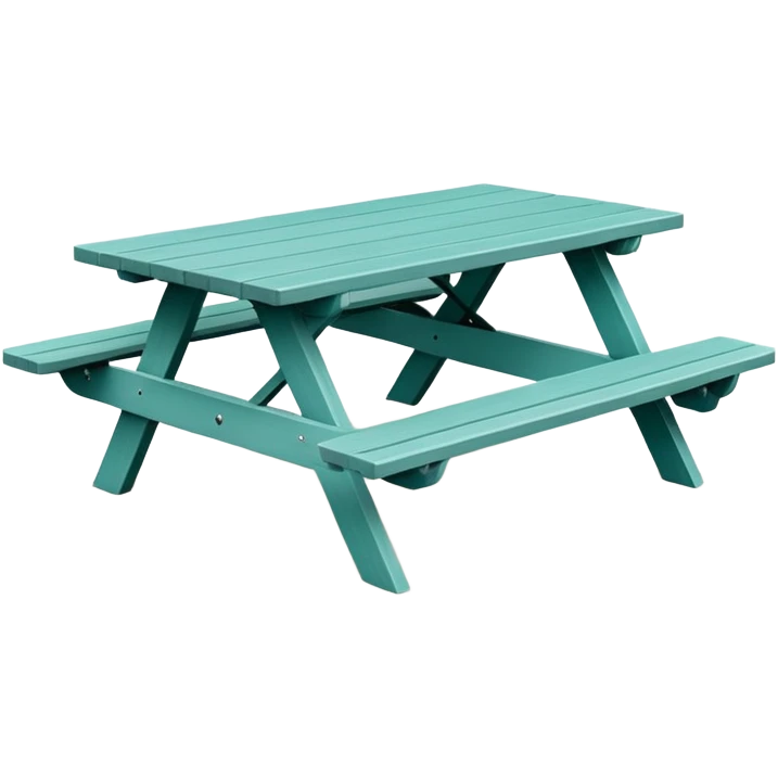 simple rectangular picnic table with attached benches, soft teal color, straight vertical legs, small wheels underneath, flat wood-style silhouette, muted teal tone, clean geometry, minimal shading, slightly theatrical emoji