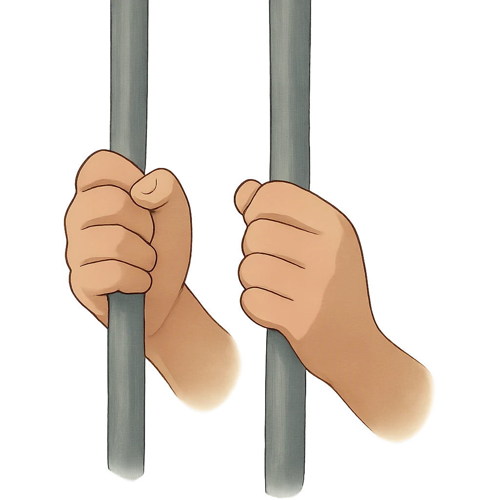 ghibli style hands behind metal bars, soft lighting, no background emoji
