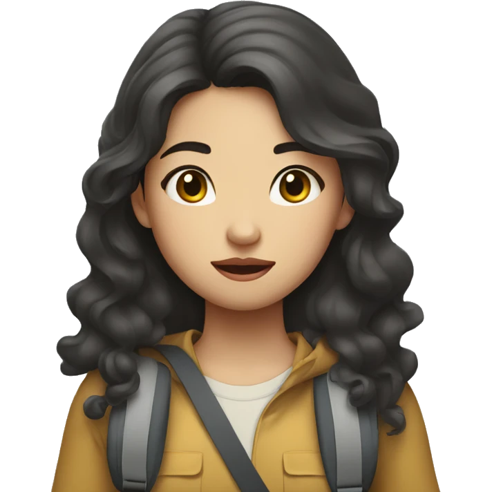 Vietnamese girl with curly long hair carrying luggage with a confused look emoji