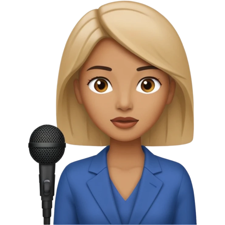 A woman speaks into a microphone, and there is a prompter screen in front of him. emoji