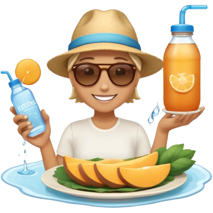 A person in the sun, with a plate of whole foods, water bottle, and glowing bed behind them. Nearby, smiling friends gather—symbolizing balance, healing, and connection through simple daily rituals. emoji